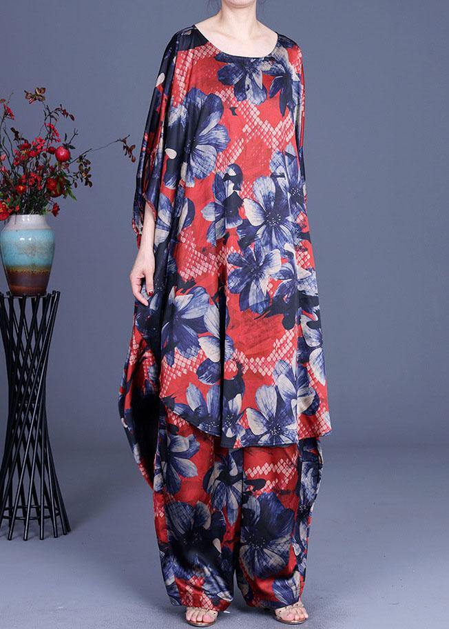 Unique Blue Print low high design Silk  Wide Leg Two Pieces Set - SooLinen