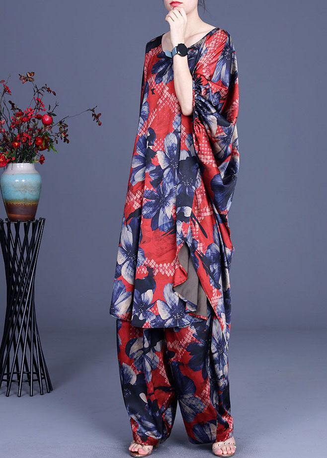 Unique Blue Print low high design Silk  Wide Leg Two Pieces Set - SooLinen