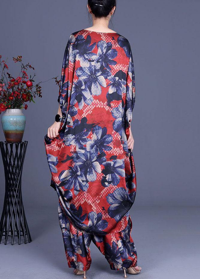 Unique Blue Print low high design Silk  Wide Leg Two Pieces Set - SooLinen