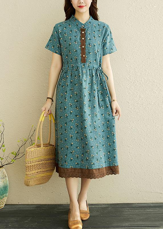 Unique Blue Print tie waist Long Summer Cotton Dress - SooLinen