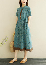 Unique Blue Print tie waist Long Summer Cotton Dress - SooLinen