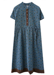 Unique Blue Print tie waist Long Summer Cotton Dress - SooLinen