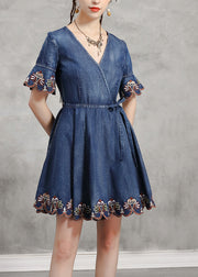 Unique Blue tie waist V Neck Embroideried Cotton Denim Dress flare sleeve