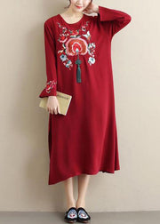 Unique Burgundy Embroidery Tunic Pattern O Neck Tassel Spring Dress - SooLinen