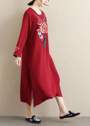 Unique Burgundy Embroidery Tunic Pattern O Neck Tassel Spring Dress - SooLinen