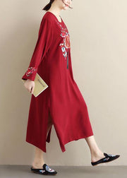 Unique Burgundy Embroidery Tunic Pattern O Neck Tassel Spring Dress - SooLinen