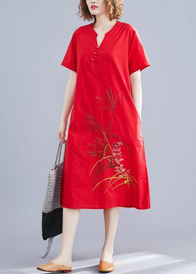 Unique Chinese Button cotton clothes design red embroidery Dresses summer - SooLinen