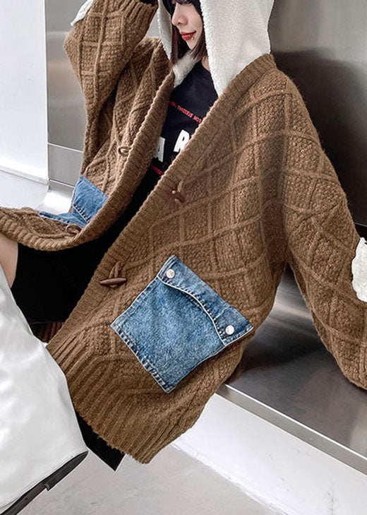 Unique Chocolate hooded Patchwork Pockets Fall sweaters Coat