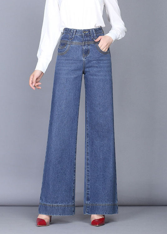 Unique Denim Blue High Waist Zip Up Pockets Draping Cotton Wide Leg Pants Summer