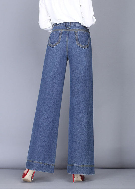 Unique Denim Blue High Waist Zip Up Pockets Draping Cotton Wide Leg Pants Summer