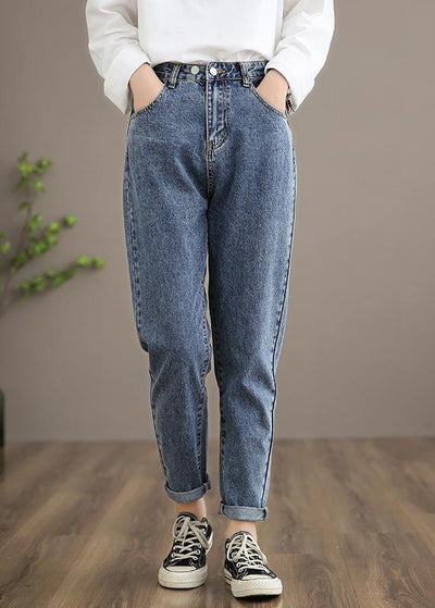 Unique Denim Dark Blue High Waist Spring Elastic Waist Pattern Wild Pants - SooLinen