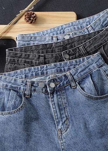 Unique Denim Dark Blue High Waist Spring Elastic Waist Pattern Wild Pants - SooLinen