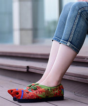 Unique Green Cotton Fabric Flat Shoes For Women Fish Embroideried Pointed Toe Splicing Flat Shoes