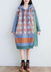 Unique Green Hooded Asymmetrical Design Patchwork Print Fall Pullover Dress - SooLinen