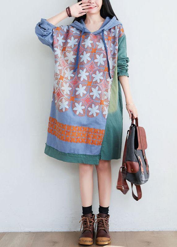 Unique Green Hooded Asymmetrical Design Patchwork Print Fall Pullover Dress - SooLinen