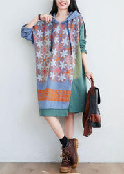 Unique Green Hooded Asymmetrical Design Patchwork Print Fall Pullover Dress - SooLinen