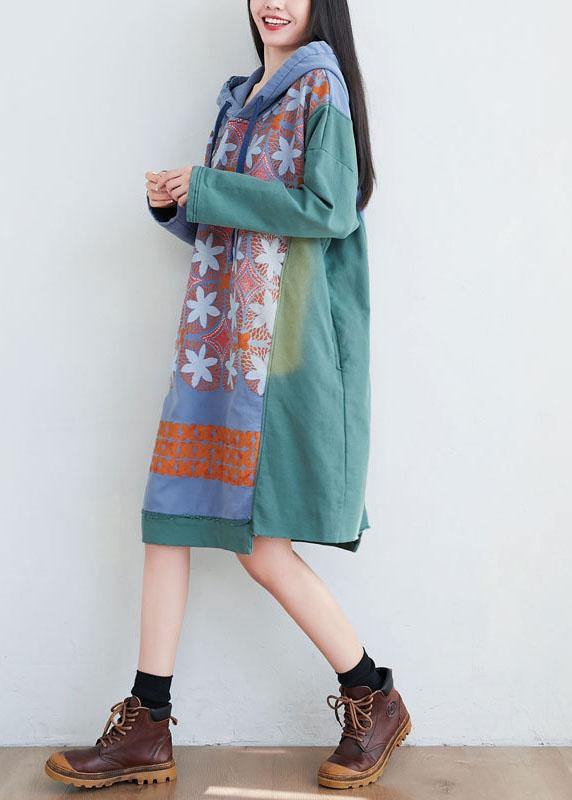 Unique Green Hooded Asymmetrical Design Patchwork Print Fall Pullover Dress - SooLinen