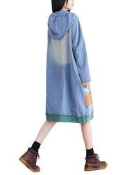 Unique Green Hooded Asymmetrical Design Patchwork Print Fall Pullover Dress - SooLinen