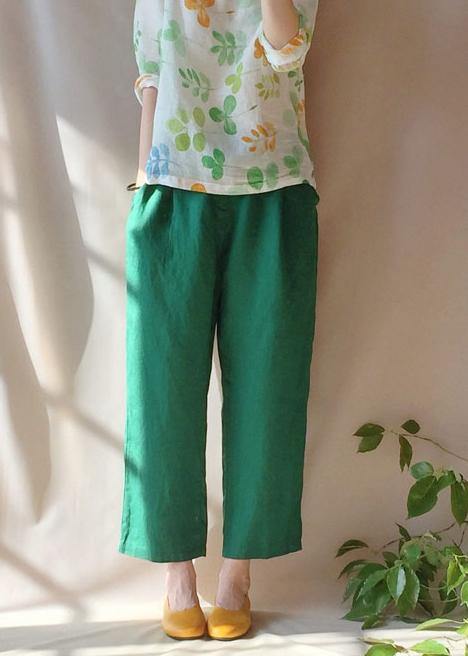 Unique Green Pants Summer Pockets Elastic Waist Sewing Pant - SooLinen