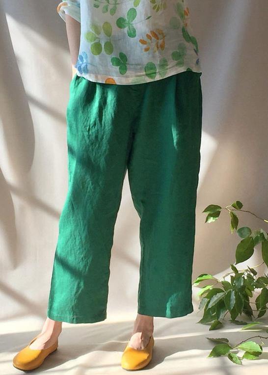 Unique Green Pants Summer Pockets Elastic Waist Sewing Pant - SooLinen