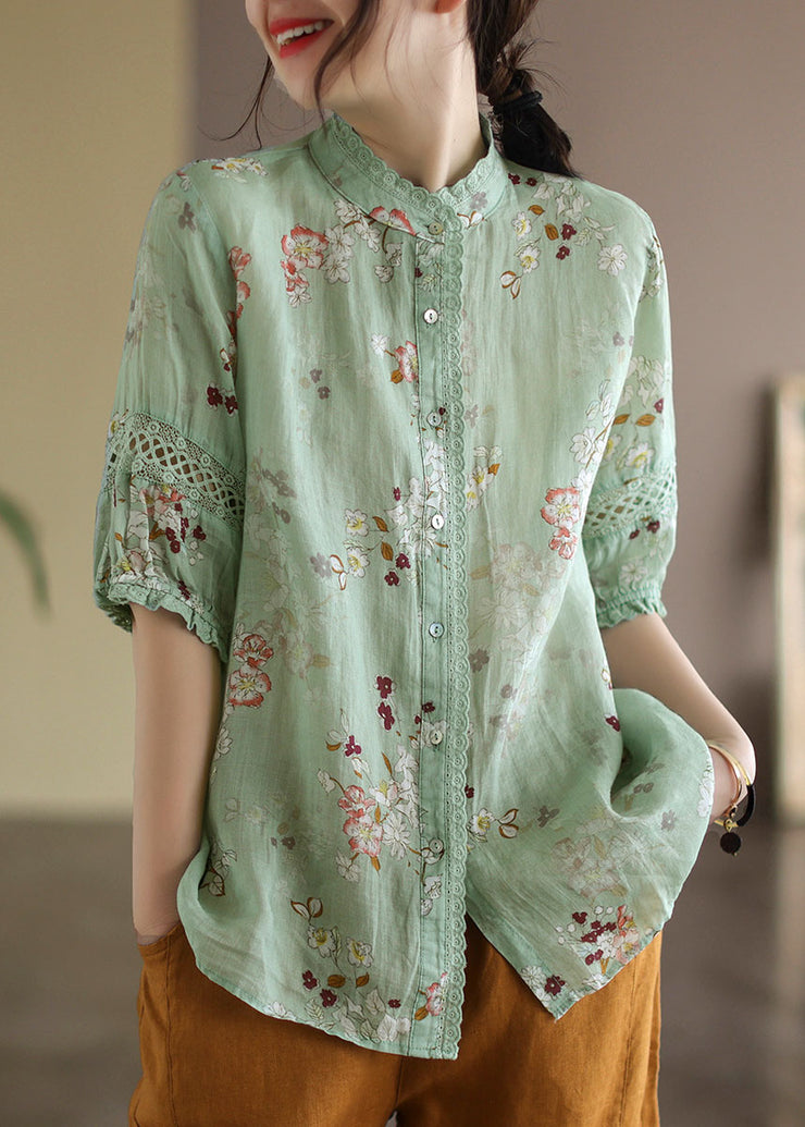 Unique Green Stand Collar Lace Patchwork Linen Top Half Sleeve