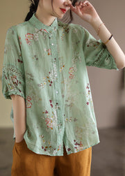 Unique Green Stand Collar Lace Patchwork Linen Top Half Sleeve