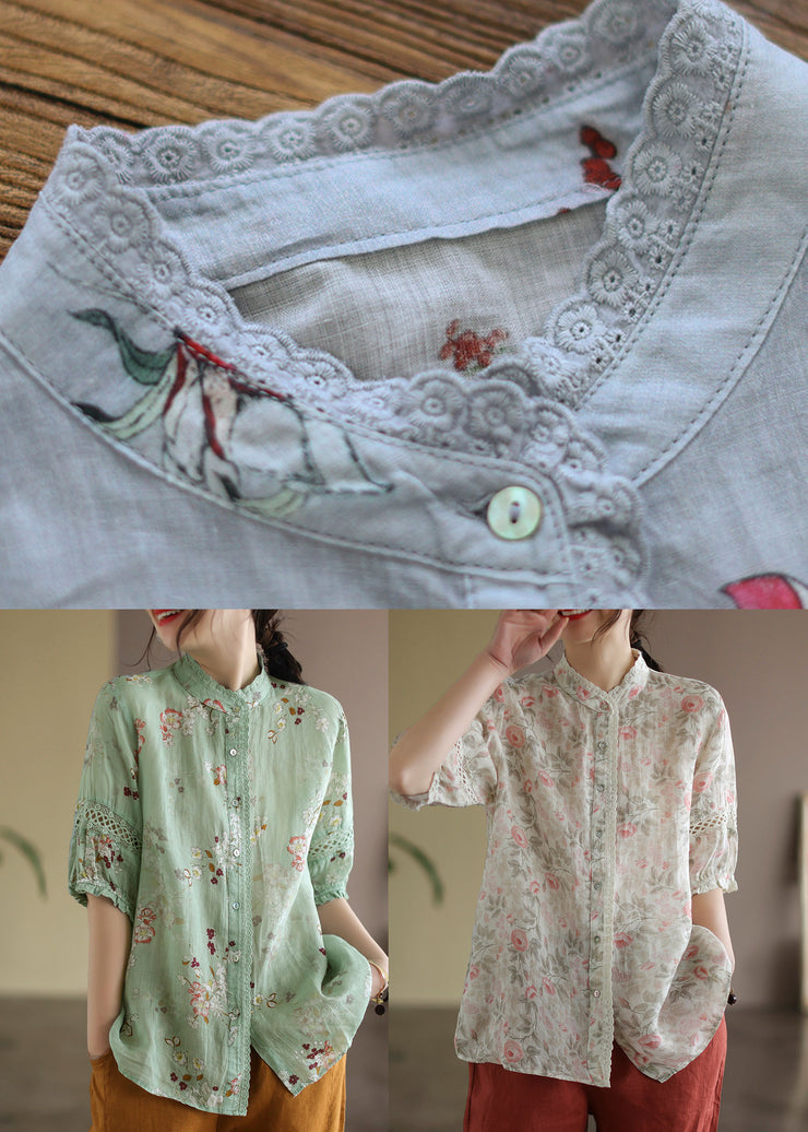 Unique Green Stand Collar Lace Patchwork Linen Top Half Sleeve