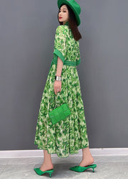 Unique Green V Neck Print Chiffon Long Dresses Short Sleeve