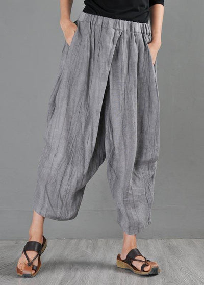 Unique Grey Elastic Waist Cotton Linen Wide Leg Summer Pants - SooLinen