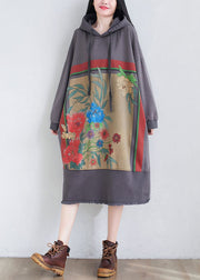 Unique Grey drawstring Hooded print Dresses Spring