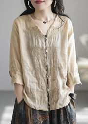 Unique Khaki Embroideried Linen Shirt Half Sleeve