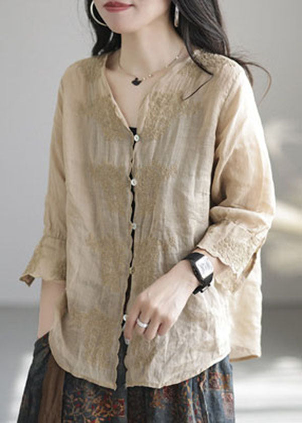 Unique Khaki Embroideried Linen Shirt Half Sleeve