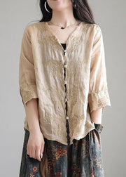 Unique Khaki Embroideried Linen Shirt Half Sleeve