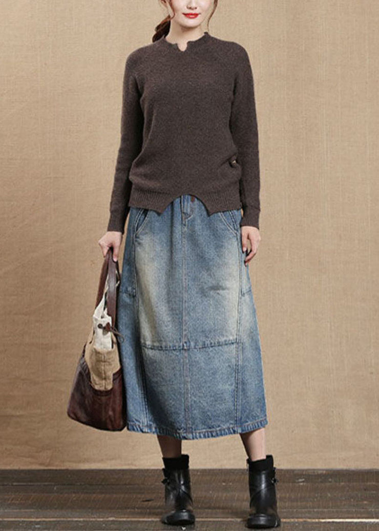 Unique Light Blue Elastic Waist Pockets Cotton Denim Skirt Summer