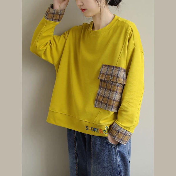 Unique Long Sleeve cotton Embroidery Pockets Tunic Top Photography Yellow blouse - SooLinen