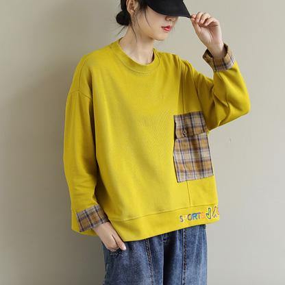 Unique Long Sleeve cotton Embroidery Pockets Tunic Top Photography Yellow blouse - SooLinen