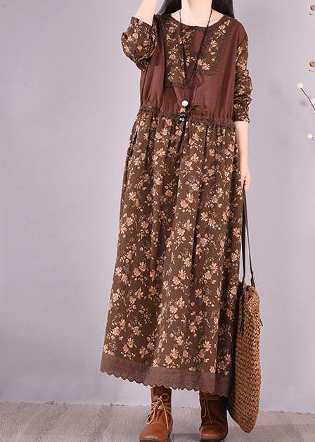 Unique O Neck Patchwork Spring Quilting Clothes Sewing Chocolate Print Loose Dress - SooLinen