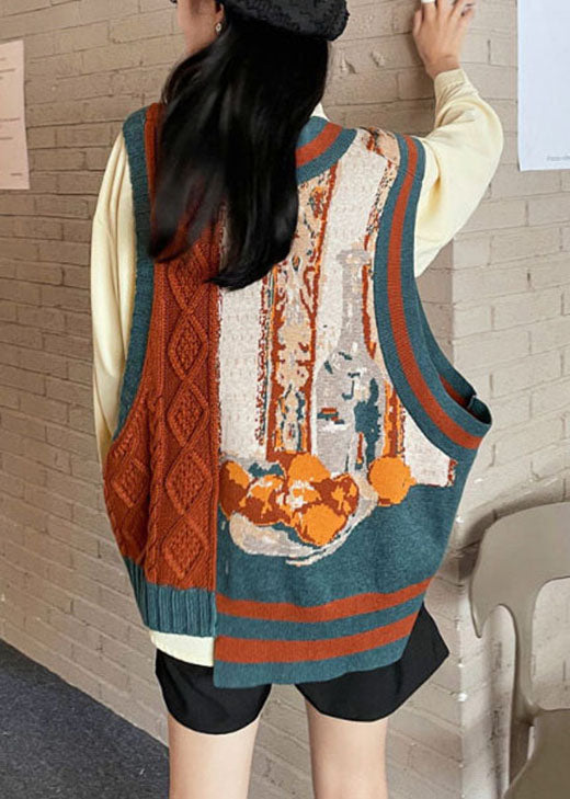 Einzigartige orangefarbene asymmetrische Patchwork-Design-Druck-Herbst-Strickweste