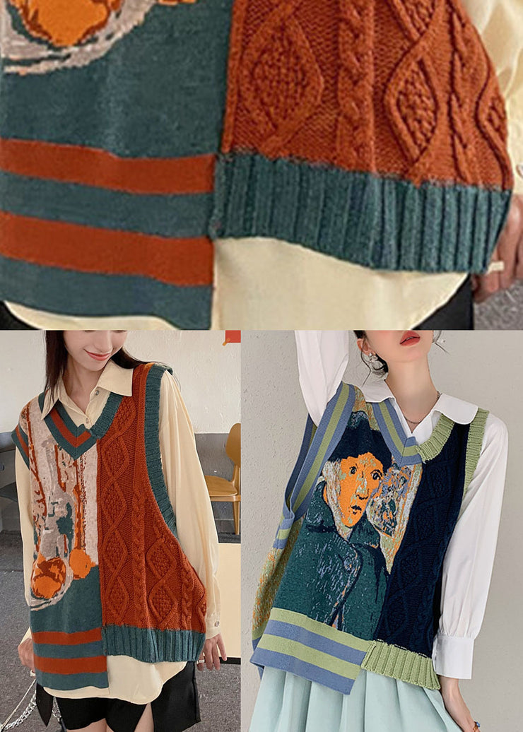 Einzigartige orangefarbene asymmetrische Patchwork-Design-Druck-Herbst-Strickweste