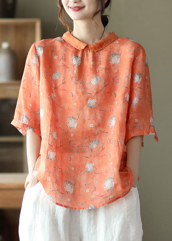 Unique Orange Peter Pan Collar Button Linen Top Half Sleeve