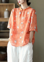 Unique Orange Peter Pan Collar Button Linen Top Half Sleeve