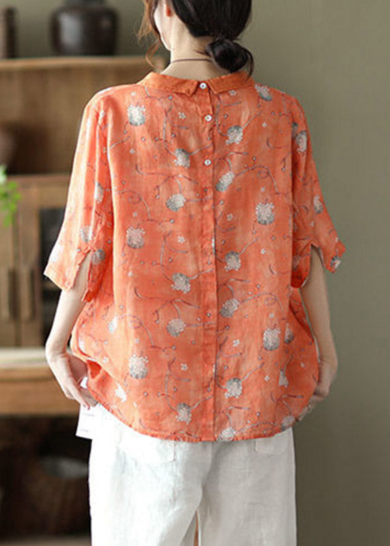 Unique Orange Peter Pan Collar Button Linen Top Half Sleeve