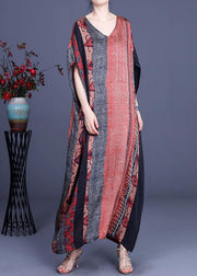 Unique Orange Print Patchwork Summer Silk Maxi Dresses Batwing Sleeve - SooLinen