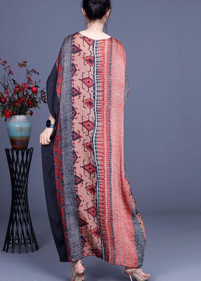 Unique Orange Print Patchwork Summer Silk Maxi Dresses Batwing Sleeve - SooLinen