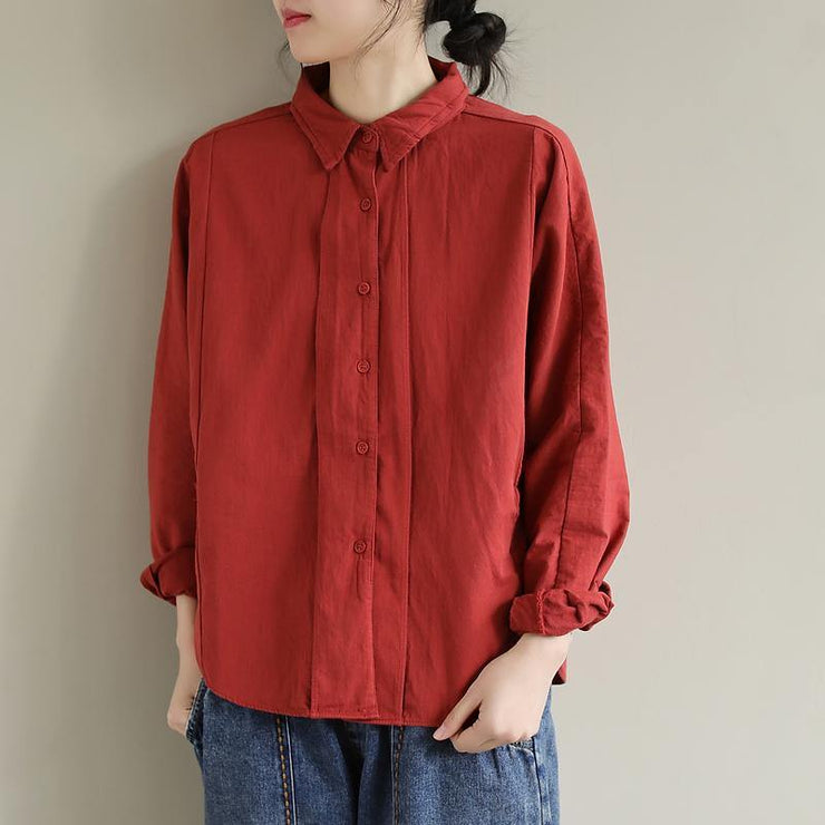 Unique Orange Red Tunic Top Lapel Button Down Spring Blouse - SooLinen