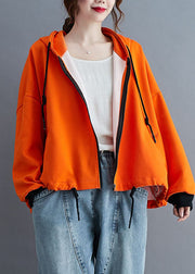 Unique Orange hooded zippered drawstring Fall Jacket Long sleeve