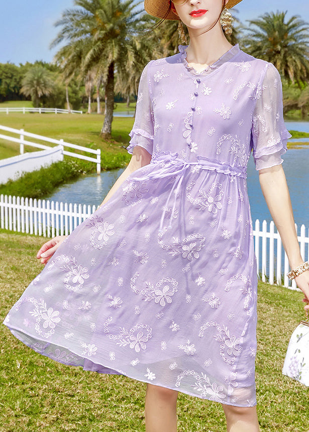 Unique Purple Ruffled Embroideried Button Silk Dresses Short Sleeve