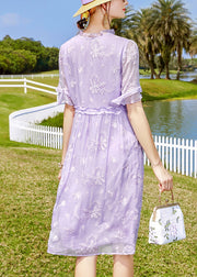 Unique Purple Ruffled Embroideried Button Silk Dresses Short Sleeve