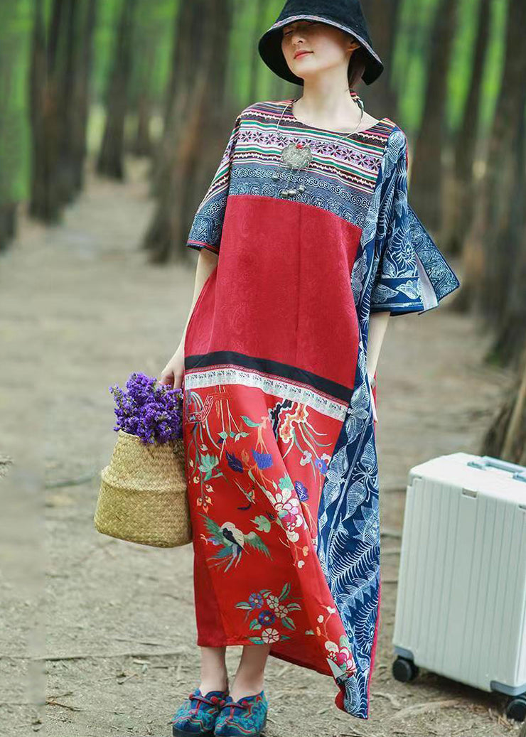 Unique Red Ethnic Style Patchwork Print Cotton Long Dress Short Sleeve