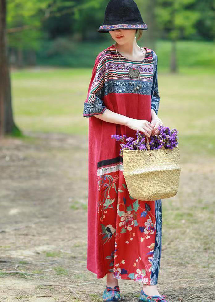 Unique Red Ethnic Style Patchwork Print Cotton Long Dress Short Sleeve